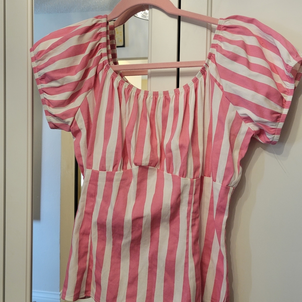 Pinup Couture Peasant Top 2x Pink White Stripes